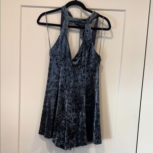 Crushed Velvet Halter Mini Romper Dress in Slate Blue
